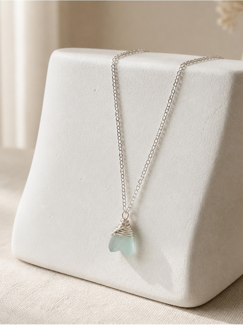 Silver Wire-Wrapped Sea Glass Pendant Necklace - Light Aqua